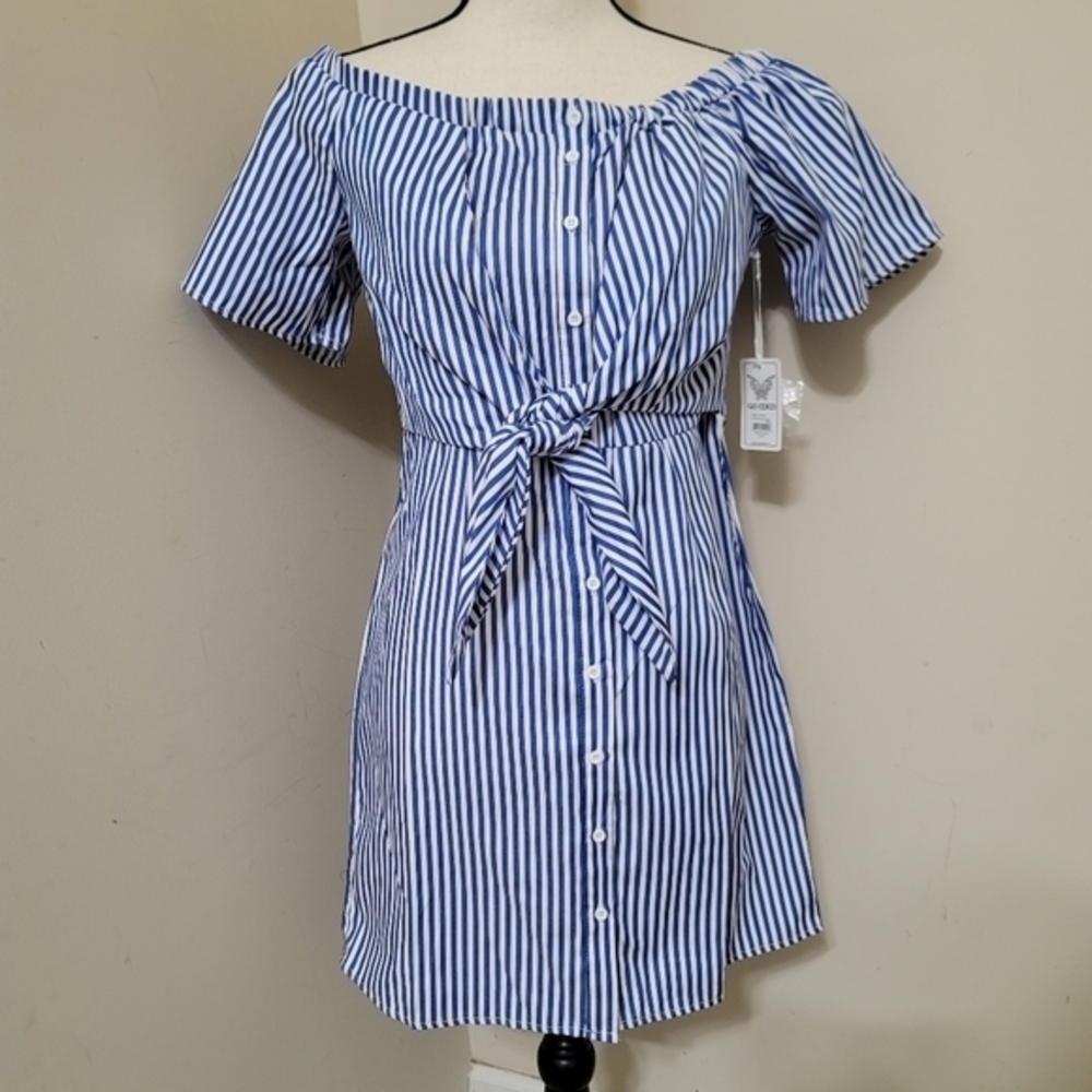 GO COCO Off Shoulder Tie-Front Stripe Dress Large‎ Blue White